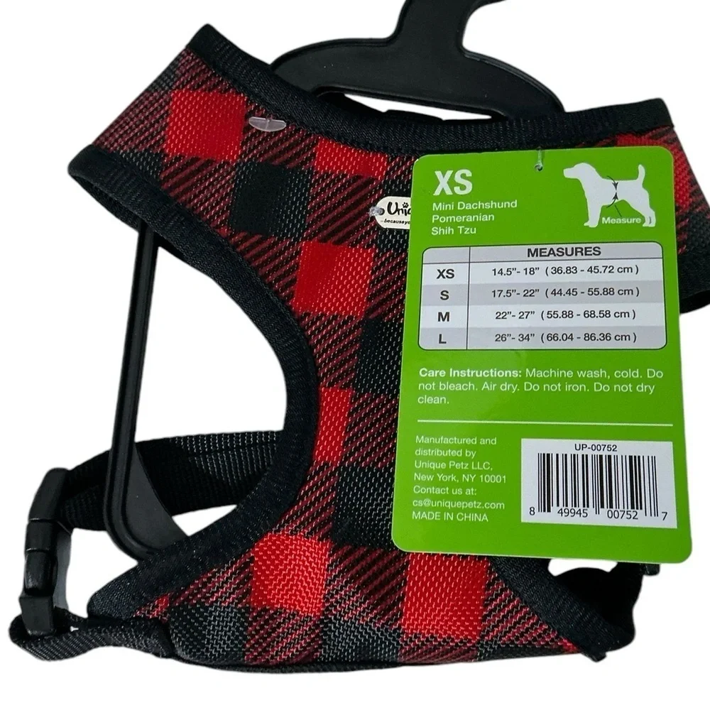 Unique Petz Dog Harness XS Adjustable Comfy Red Black Tartan Plaid Size XS
